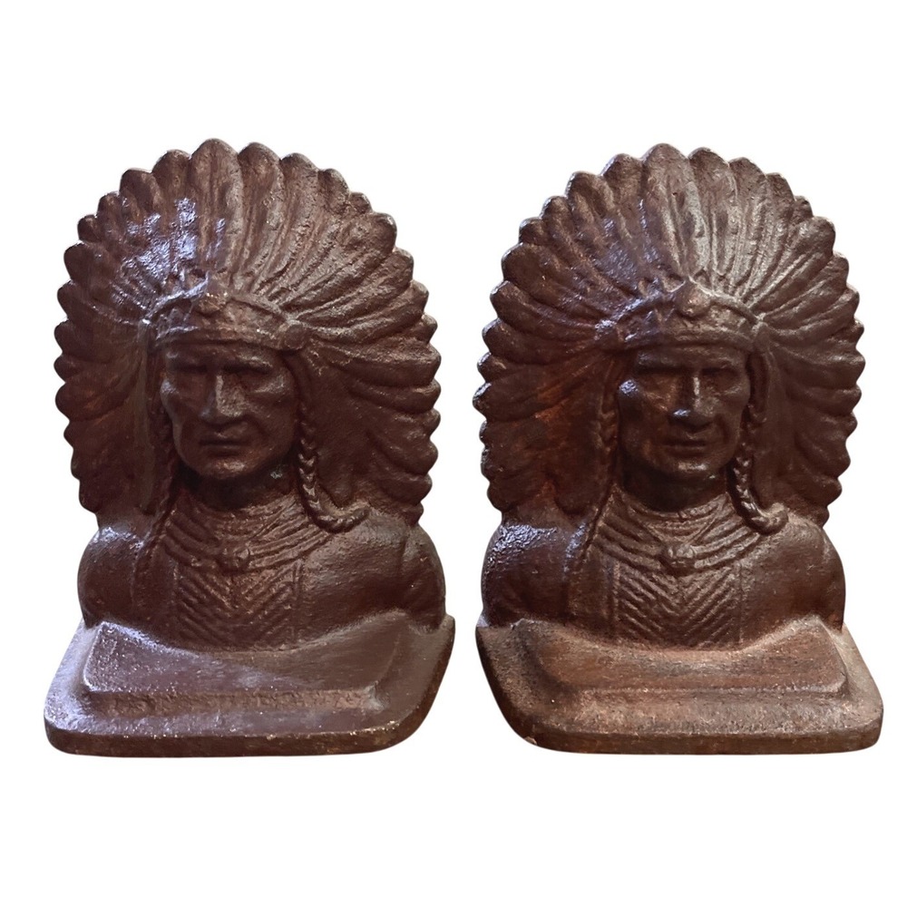 Vtg Cast Iron Will Native‎ American Indian Chief Head Bookends Bronze Jennings